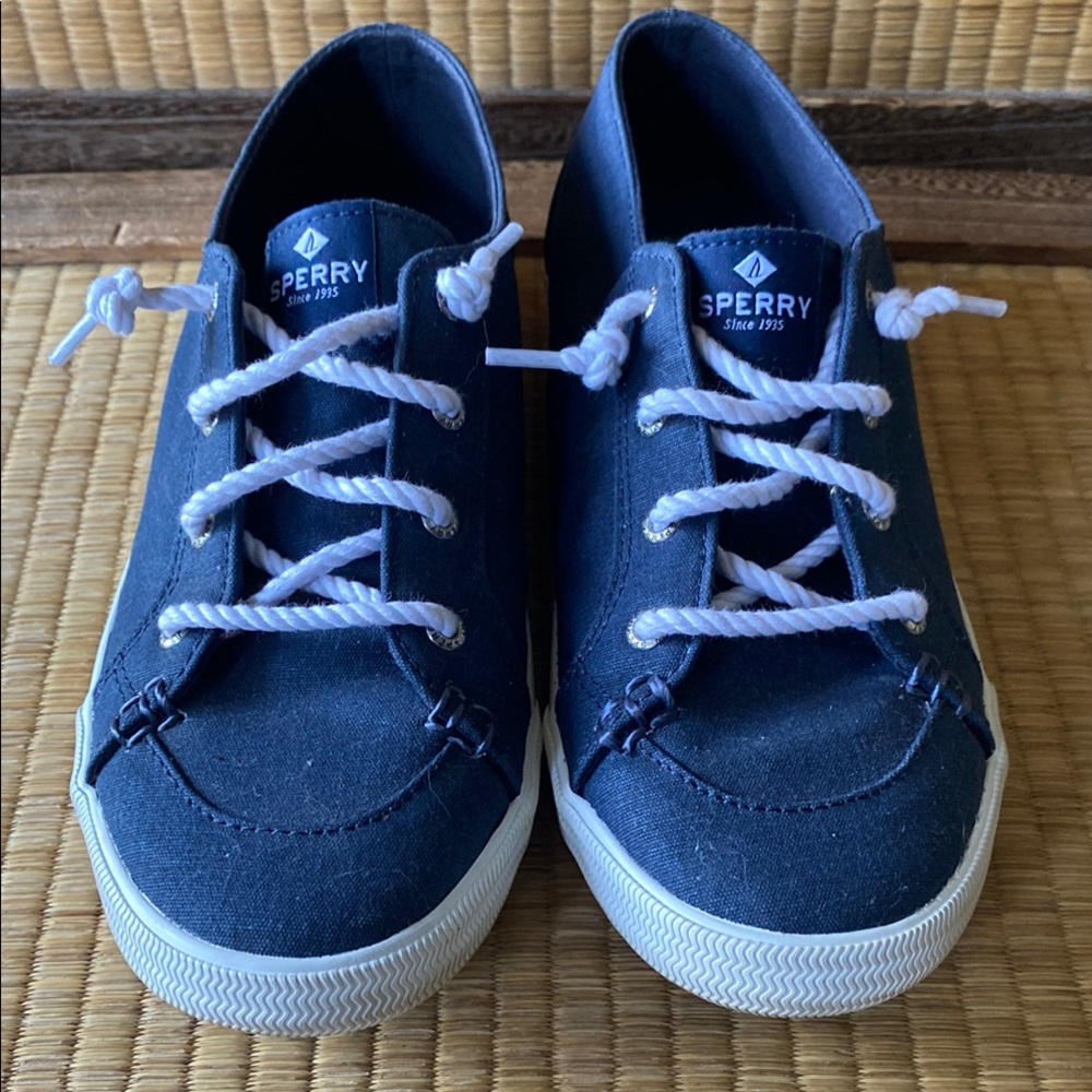 🌟SPERRY: Navy Blue Canvas Memory Foam Top Sider Shoes EUC Sz 8